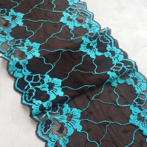 Black Stretch Lace Trim, Wide Elastic Lace Fabric, Wedding Lingerie Lace width 22 cm / 8.66&quot;, Nr 776