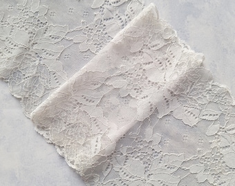 Milk Floral Stretch Lace, Wide Elastic Lace Trim, Wedding Lingerie Lace, width 20 cm / 7.87", Nr 195