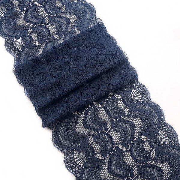 Wide stretch lace trim, Dark blue elastic lace, Lingerie Supply, width 21 cm / 8.26", Nr Q4085