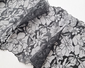 Black Embroidered Floral Tulle Lace Trim Bra Making, 24.5 cm / 9.6" Wide, Nr 071