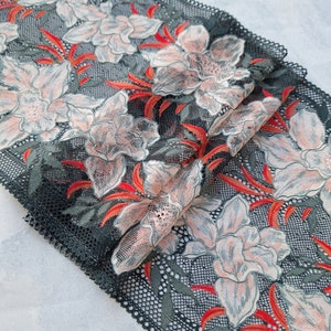 Green Salmon Stretch Lace Trim, Lingerie Sewing Floral Elastic Lace, French Lace, width 24cm / 9.4&quot;, Nr 808
