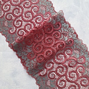 Burgundy Stretch Lace Trim, Elastic Lace for Bra, width 17 cm / 6.7", Nr 199