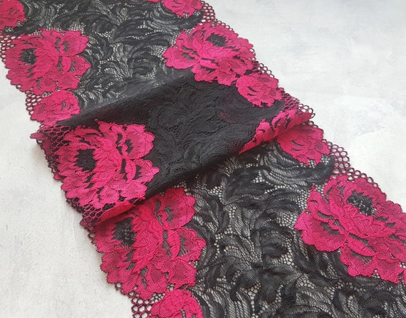 Black Stretch Lace Trim, Elastic Wide Lace Fabric With Dark Magenta Floral  Design, Width 23 Cm / 9.05, Nr 748 