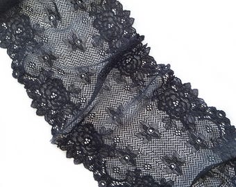 Black Lingerie Stretch Lace Trim, Floral Galloon Lace, Scalloped Edges, Lingerie Sewing, 18 cm / 7" Wide, Nr 299
