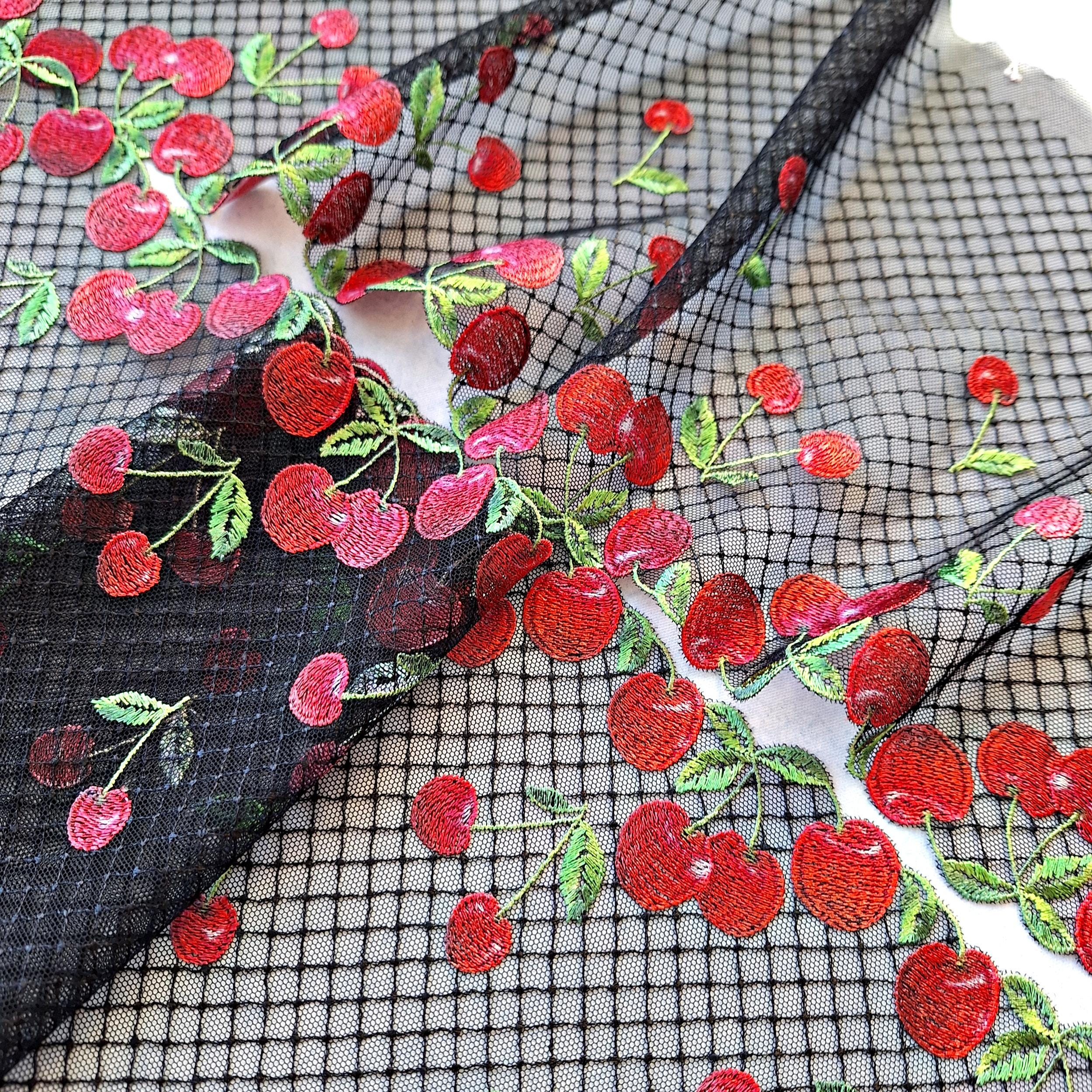 2.18 Yards Red Cherry Embroidery Tulle Lace Trim, Non-stretch