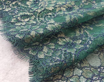 3.17 yards Green Gold Chantilly Lace Trim, Nonelastic Eyelash Lace Fabric, French Lace, Extra Wide Lace, width 9.64" / 24.5 cm, Nr 666