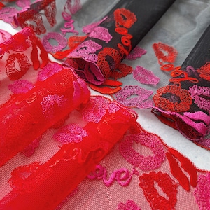 2.18 yards Love Red Embroidery Tulle Lace Trim, Black Inelastic Veil Lace with Lips, Nonelastic lace, width 24 cm / 9.4", Nr 264