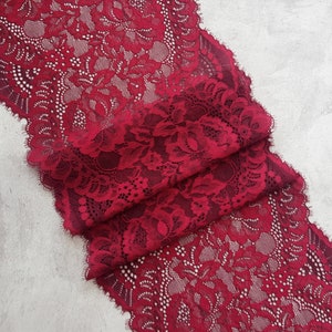 Eyelash wine red stretch lace, Chantilly lingerie lace trim, Table runner width 22 cm / 8.66", Nr 731