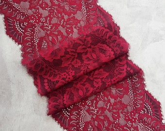 Eyelash wine red stretch lace, Chantilly lingerie lace trim, Table runner width 22 cm / 8.66", Nr 731