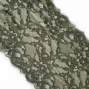 Khaki Chantilly lace trimming, Eyelash stretch lace, Lingerie lace trim, French lace, width 23.6 cm / 9.05, Nr 516 image 2