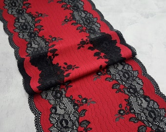 Red Stretch Lace Trim, Floral Elastic Lingerie Lace Fabric, Bra Making, width 24.5 cm / 9.64", Nr 756