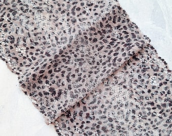 Leopard print stretch lace trim, Cheetah print elastic lace, Panthera printed lace fabric, 19 cm / 7.4" Wide, Nr 831