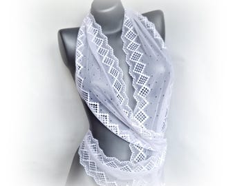 White Stretch Lace Trim, Bridal Lingerie Lace, Soft Scalloped Vintage Geometric Lace, 7.4" / 19 cm Wide, Nr Q1007