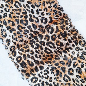 Leopard print stretch lace trim, Cheetah print elastic lace, Panthera Printed lace fabric width 20 cm / 7.8&quot;, Nr 850