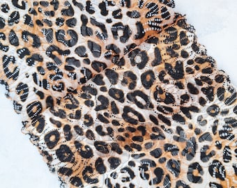 Leopard print stretch lace trim, Cheetah print elastic lace, Panthera Printed lace fabric width 20 cm / 7.8", Nr 850