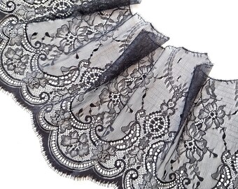 3.5 yards Black Eyelash Chantilly Lace Trim, 22 cm / 8.6" Wide, Inelastic Lace Fabric for Lingerie, Nr 067