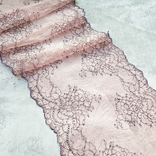 Pink Black Stretch Lace Trim, Elastic Lace Fabric, Wedding Lingerie Lace width 22.5 cm / 8.85", Nr 622