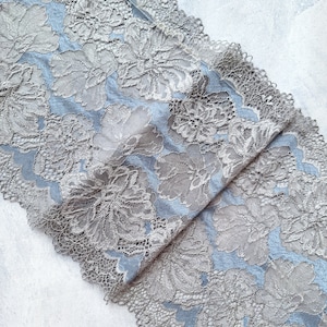 Gray Light Blue Stretch Lace Trim, Elastic Lace Fabric, Wedding Lingerie Lace, 23.5 см / 9.2&quot; Wide, Nr 804
