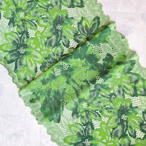 Green Stretch Lace Trim for Lingerie, Printed Elastic Lace, width 22 cm / 8.6&quot;, Nr 848