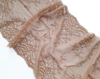 Burro Brown Lingerie Stretch Lace Trim, Floral Galloon Lace, Elastic Scalloped Lace, By The Meter 22 cm / 8.6" Wide, Nr 056