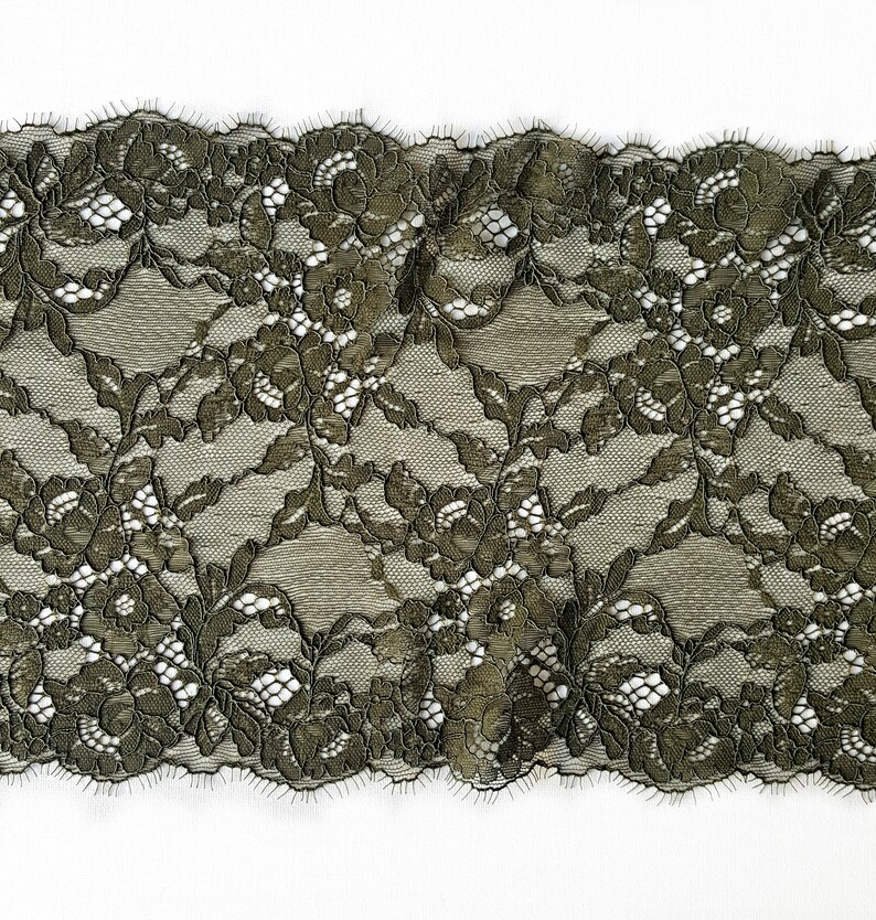 Khaki Chantilly lace trimming, Eyelash stretch lace, Lingerie lace trim, French lace, width 23.6 cm / 9.05, Nr 516 image 5