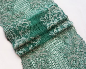 Green Stretch Lace Trim, Elastic Lace Fabric, 23.5 cm / 9.25" Wide, Nr 738