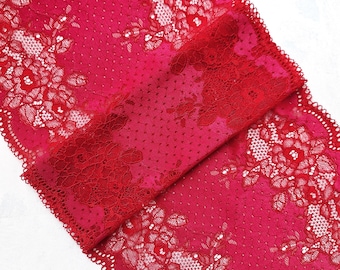 Dehnbarer Spitzenstoff Rote Spitze – Florales Muster – 24 cm / 9.4" Breit – Nr. 962