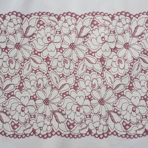 May include: A close-up of a pink lace trim with a floral pattern. The lace is delicate and intricate, with a scalloped edge.