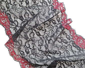 Black and Red Lingerie Stretch Lace Trim, Floral Galloon Lace, Elastic Scalloped Lace, By The Meter 22 cm / 8.6" Wide, Nr Q4240