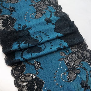 Blue Black Stretch Lace Trim, Wide Elastic Lace Fabric, Wedding Lingerie Lace width 24.5 cm / 9.64", Nr 740