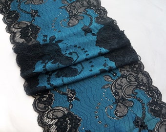 Ribete de encaje elástico negro azul, tela de encaje elástico ancho, ancho de encaje de lencería de boda 24,5 cm/9,64 ", Nr 740