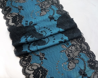 Blue Black Stretch Lace Trim, Wide Elastic Lace Fabric, Wedding Lingerie Lace width 24.5 cm / 9.64", Nr 740