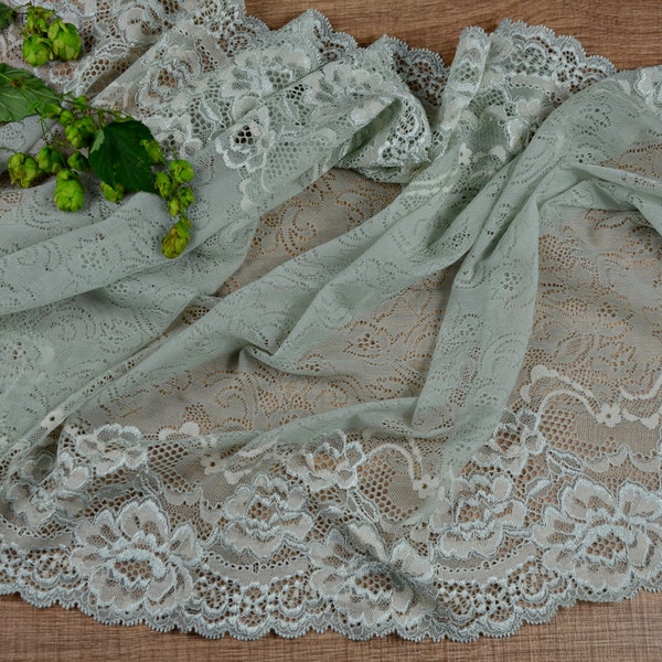 Extra Wide Stretch Lace Pale Green Newborn Lace Wrap, Floral Elastic Lingerie Lace Trim, width 43 cm/16.92", Nr 149