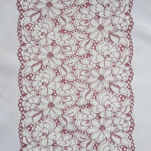 May include: A close-up of a pink lace trim with a white floral pattern. The lace is delicate and intricate, with a scalloped edge.