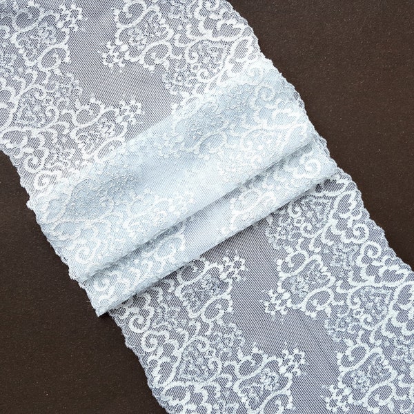 White Silver Stretch Lace Trim, Elastic Lace Fabric, Lurex Lace width 17.6 cm / 7", Nr Q2318