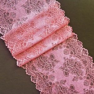 2.7 yards Pink floral stretch lace, Lingerie lace trim width 18 cm/ 7.08", Nr 370