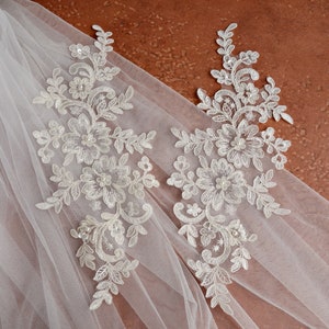 Ivory Beaded Corded Lace Applique Pair, AP028