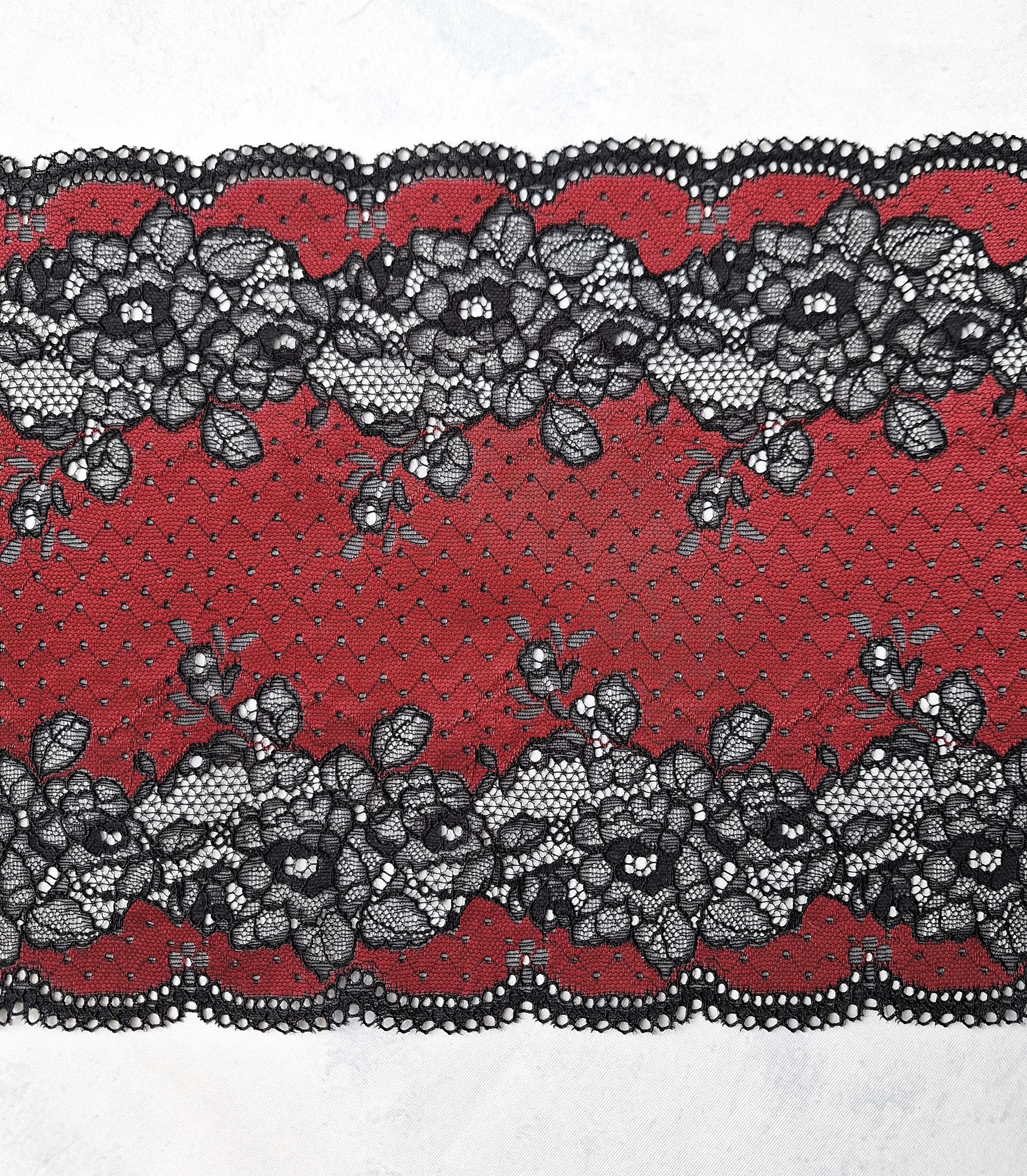 赤と黒のストレッチレース生地 - 花柄スカラップトリム - 幅23.5 cm