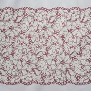 May include: A close-up of a pink lace trim with a floral pattern. The lace is delicate and intricate, with a scalloped edge.