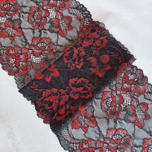 Black Red Stretch Lace Trim, Elastic Wide Lace Fabric, width 19 cm / 7.5&quot;, Nr 800