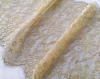 3 yards Beige Gold Eyelash Chantilly Lace Trim, 27.5 cm / 10.8" Wide, Inelastic Lace Fabric for Lingerie, Nr 967