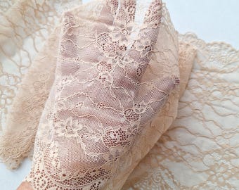 Beige Stretch Floral Lace Trim, Scalloped Galloon Edging for Lingerie, By The Meter, 23 cm / 9" Wide, Nr 053