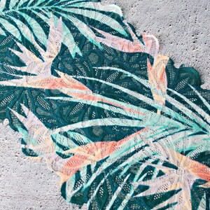 Eyelash elastic print lace, Colorful stretch lace trim, Palm leaf fabric, 20 cm / 7.87" Wide, NrQ003