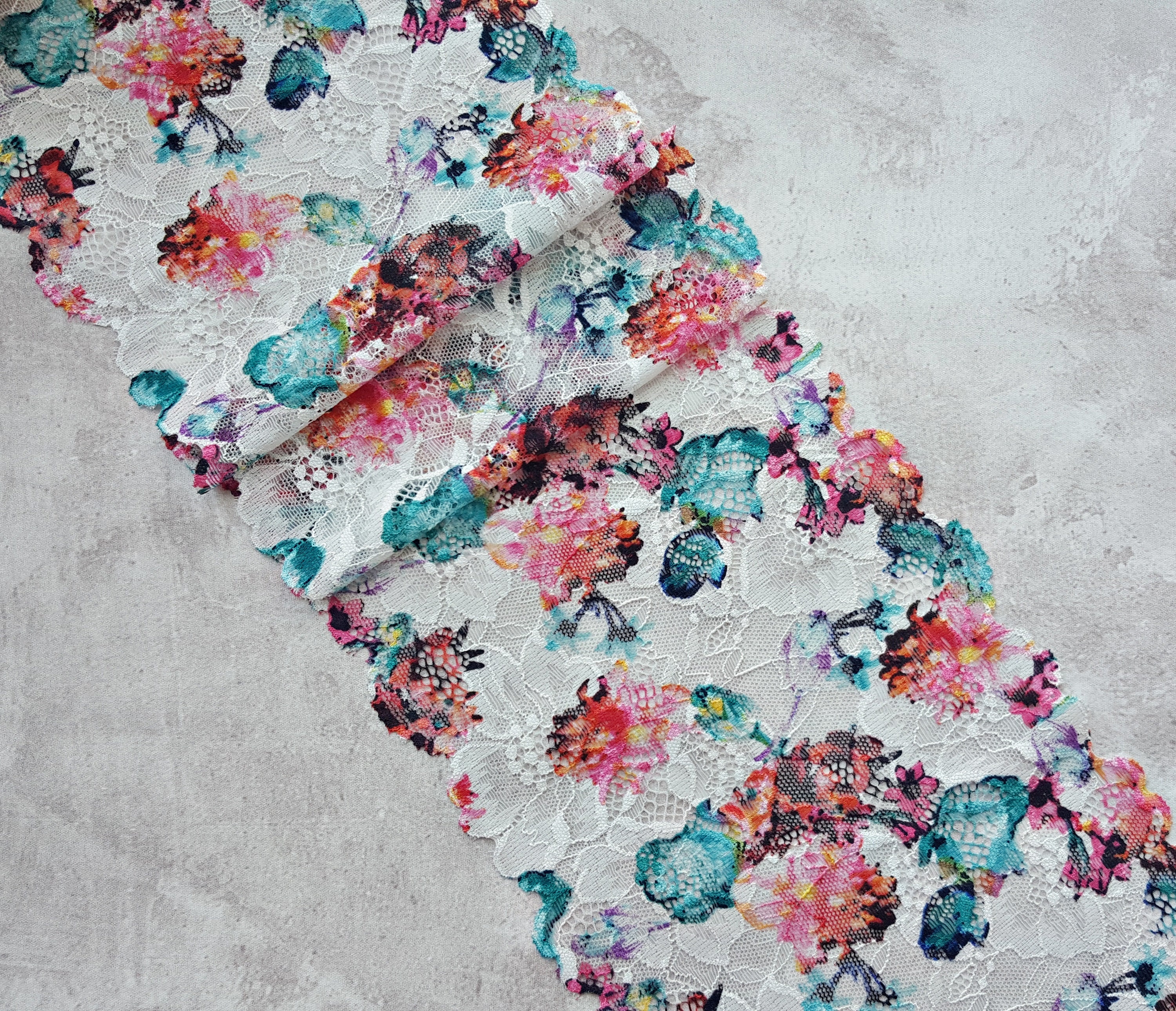 花柄プリントレース生地、カラフルなストレッチレーストリム