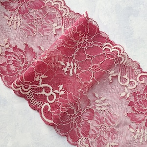 Stretch Lace Trim, Carmine Floral Elastic Lace Bra Making, width 17.6 cm / 6.9", Nr 349