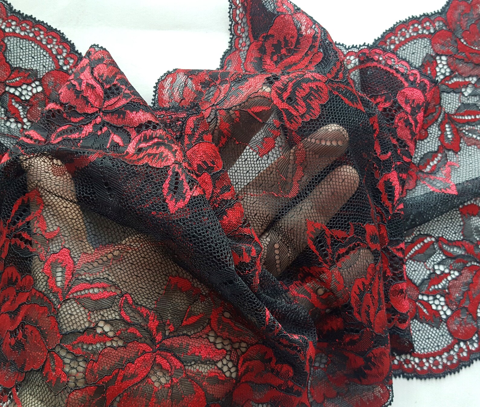 Black Red Stretch Lace Trim Elastic Wide Lace Fabric width | Etsy