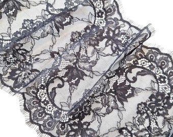 3 yards Black Eyelash Chantilly Lace Trim, 23 cm / 9" Wide, Inelastic Lace Fabric for Lingerie, Nr 066