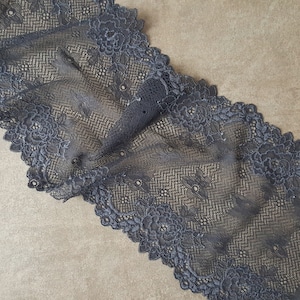 Gray Stretch Lace Trim Bra Making, Lingerie Lace, Wide Floral Elastic Lace, 19 cm / 7.48&quot; Wide, Nr 504