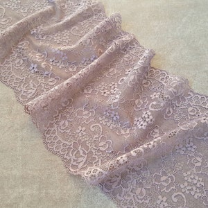 Smoky Lilac Stretch Lace Trim Bra Making, Lingerie Lace, Wide Floral Elastic Lace width 17.3 cm / 6.8&quot;, Nr Q4148