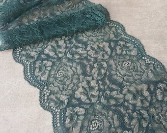 Dark Green Lace Trim, Nonelastic Wide Floral Lingerie Lace Trimming, French Lace, width 23 cm / 9.05", Nr Q4000
